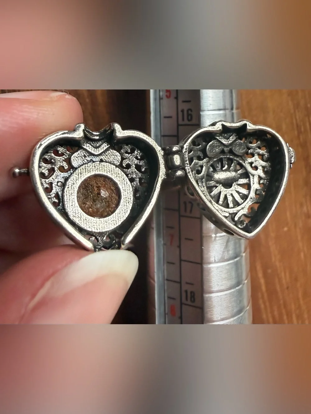 Silver Tone Heart Locket Filigree Ring with Acrylic Center Poison Perfume